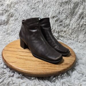 Vintage 90s Y2K Ankle Boots Brown Leather Womens Size 7M Chunky Heel Square Toe
